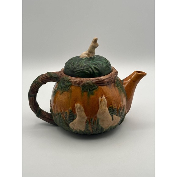 The Unbranded Brand Other - Vintage Art Nouveau Majolica Teapot Woodland Tree Leaf Design